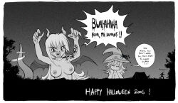 Rule 34 | 2006, 2girls, anna (karbo), breasts, cleavage, crisis, felarya, giant, giantess, halloween, hat, horns, karbo, lamia, large breasts, medium breasts, monochrome, monster girl, multiple girls, nipples, nude, tent, witch hat