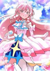 Rule 34 | 1girl, ahoge, ascot, bow, braided sidelock, brooch, cloud, cloudy sky, cure prism, day, detached sleeves, dress, earrings, elbow gloves, glove bow, gloves, green eyes, hair bow, highres, hirogaru sky! precure, jewelry, long hair, looking at viewer, magical girl, microphone, nijigaoka mashiro, pink hair, precure, puffy detached sleeves, puffy sleeves, sky, smile, solo, star yoshi, very long hair, white ascot, white bow, white dress, white gloves, wing brooch, wing hair ornament