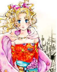 Rule 34 | 1990s (style), 1girl, amano yoshitaka design, blonde hair, blue eyes, cape, earrings, final fantasy, final fantasy vi, highres, jewelry, long hair, looking at viewer, ponytail, retro artstyle, solo, tina branford
