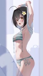 Rule 34 | 1girl, armpits, arms up, artist request, bikini, black hair, breasts, character request, cleavage, clothes pull, highres, idolmaster, kohinata miho, large breasts, legs, looking at viewer, navel, open mouth, shirt pull, short hair, sideboob, swimsuit, thighs, untied bikini, yellow eyes