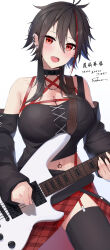 Rule 34 | 1girl, absurdres, black bustier, black collar, black hair, black thighhighs, blush, breasts, chest strap, cleavage, collar, detached sleeves, ear piercing, earrings, electric guitar, fukuiii0110, garter straps, guitar, hair ornament, highres, indie virtual youtuber, instrument, jewelry, kasumi yuka, large breasts, long hair, long sleeves, looking at viewer, midriff, multicolored hair, music, navel piercing, open mouth, piercing, plaid, plaid skirt, playing instrument, red eyes, red hair, red skirt, side slit, simple background, skirt, smile, solo, streaked hair, sweat, thighhighs, white background, wolf cut, x hair ornament