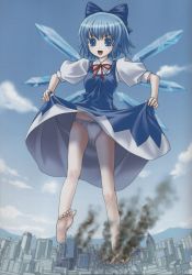 Rule 34 | 1girl, :d, artist name, barefoot, blue eyes, blue hair, blush, bow, bow panties, building, cameltoe, cirno, cityscape, clothes lift, cloud, day, destruction, dress, dress lift, eichikei (hakuto), fairy wings, feet, fire, giant, giantess, hair bow, highres, ice, ice wings, matching hair/eyes, open mouth, panties, ribbon, short hair, sky, skyline, skyscraper, smile, smoke, solo, toes, touhou, underwear, white panties, wings