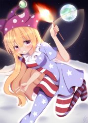 Rule 34 | 1girl, american flag dress, american flag legwear, blonde hair, blue dress, blue pants, blush, breasts, closed mouth, clownpiece, dress, earth (planet), eyes visible through hair, fairy wings, fire, hair between eyes, hand up, hat, highres, ibuibuyou, jester cap, leg up, long hair, medium breasts, moon, multicolored clothes, multicolored dress, multicolored pants, night, night sky, no shoes, pants, pink eyes, pink hat, planet, polka dot, red dress, red pants, running, short sleeves, signature, sky, smile, solo, space, star (sky), star (symbol), star print, starry sky, striped clothes, striped dress, striped pants, teeth, torch, touhou, v, white dress, white pants, wings