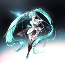 Rule 34 | 1girl, :d, absurdres, black skirt, black sleeves, black thighhighs, blue footwear, blue hair, bow, collared shirt, commentary, detached sleeves, dress shirt, floating hair, full body, green eyes, hair between eyes, hair bow, hatsune miku, high heels, highres, long hair, long sleeves, miniskirt, multicolored sleeves, nyamnyam0502, open mouth, outstretched arm, pleated skirt, pumps, shirt, skirt, sleeveless, sleeveless shirt, smile, solo, striped, striped bow, thighhighs, twintails, very long hair, vocaloid, white shirt, white sleeves, wing collar, zettai ryouiki