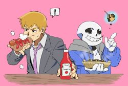 Rule 34 | !, 2boys, absurdres, black eyes, blue jacket, commentary, crossover, eating, english commentary, food, food on face, grey jacket, grin, highres, holding, holding food, hood, hood down, hooded jacket, hot dog, jacket, ketchup, ketchup bottle, long sleeves, male focus, mob psycho 100, multiple boys, necktie, orange hair, pink background, pink necktie, reigen arataka, sans (undertale), shirt, simple background, smile, spoken exclamation mark, takoyaki, tiduco, tumblr sexyman tournament, undertale, white shirt