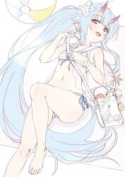Rule 34 | 1girl, absurdres, bag, ball, beachball, bikini, blue archive, blue bikini, blue hair, blue halo, chise (blue archive), chise (swimsuit) (blue archive), commentary request, double-parted bangs, gradient horns, hair between eyes, halo, highres, horns, knee up, long hair, looking at viewer, lotion, lotion bottle, lying, multicolored horns, navel, official alternate costume, official alternate hairstyle, on back, open mouth, pointy ears, red eyes, red horns, sailor bikini, sailor collar, see-through, see-through shirt, shoulder bag, side-tie bikini bottom, skin-covered horns, smile, solo, starfish, stomach, striped bikini, striped clothes, sunscreen, swimsuit, thighs, tibaridooor, transparent bag, very long hair, white sailor collar