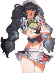 Rule 34 | 1girl, apron, black hair, bow, bowtie, character request, copyright request, crossed arms, female focus, frills, fur trim, grey hair, hair over eyes, highres, maid headdress, midriff, multicolored hair, navel, open mouth, puffy short sleeves, puffy sleeves, short sleeves, simple background, solo, soosaresu, twintails, two-tone hair, white background, wrist cuffs