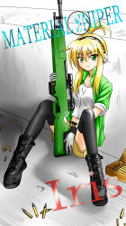 Rule 34 | 1girl, bad id, bad pixiv id, black thighhighs, blonde hair, boots, bullet, character name, copyright name, cross-laced footwear, ear protection, gloves, green eyes, gun, highres, iris (material sniper), jacket, lace-up boots, material sniper, open clothes, open jacket, rifle, scope, shell casing, shorts, sleeves rolled up, sniper rifle, solo, tank top, thighhighs, weapon, zetsuei (zetto)