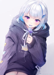 Rule 34 | 1girl, absurdres, black hoodie, blue hair, blush, broken heart, candy, character name, clothes writing, commentary, commentary request, earphones, ears visible through hair, eating, food, gradient background, grey background, hair ornament, hairclip, heart, highres, holding, holding food, hood, hood down, hoodie, huge filesize, lize helesta, lollipop, long hair, long sleeves, looking at viewer, low twintails, mouth hold, multicolored hair, nijisanji, purple eyes, silver hair, sitting, sleeves past wrists, solo, symbol-only commentary, twintails, twitter username, two-tone hair, virtual youtuber, yunmi 0527
