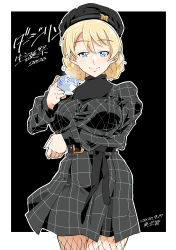 Rule 34 | 1girl, absurdres, artist name, beret, birthday, black background, black dress, black hat, black sash, blonde hair, blue eyes, braid, breast hold, breasts, casual, character name, closed mouth, commentary request, cowboy shot, cup, darjeeling (girls und panzer), dated, dress, fishnet pantyhose, fishnets, girls und panzer, half-closed eyes, hat, highres, holding, holding cup, long sleeves, looking at viewer, outline, pantyhose, partial commentary, sash, shinkuukan (tetsuo3), short dress, short hair, signature, smile, solo, standing, teacup, translated, twin braids, white outline