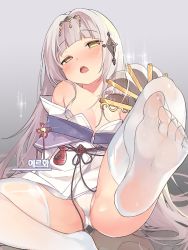 Rule 34 | 1girl, bad id, bad pixiv id, blunt bangs, blush, breasts, foot focus, foreshortening, long hair, looking at viewer, no shoes, off shoulder, open mouth, panties, reflective floor, see-through, see-through legwear, sidelocks, silver hair, sitting, small breasts, soles, solo, thighhighs, tsuka, underwear, unleashed, very long hair, white panties, white thighhighs, yellow eyes