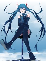 Rule 34 | 1girl, blue eyes, blue hair, boots, head rest, detached sleeves, from below, hatsune miku, highres, ikurauni, crossed legs, long hair, looking at viewer, necktie, sitting, skirt, stool, thigh boots, thighhighs, twintails, very long hair, vocaloid