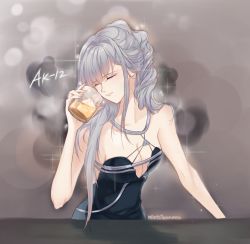 Rule 34 | 1girl, ak-12 (girls&#039; frontline), ak-12 (quiet azure) (girls&#039; frontline), aqua dress, artist name, bare shoulders, breasts, character name, cleavage, closed eyes, closed mouth, collarbone, cup, dress, girls&#039; frontline, grey hair, hair ornament, holding, holding cup, long hair, medium breasts, mintcinnamon, simple background, sitting, solo, twitter username