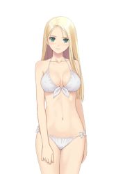 Rule 34 | 00s, 1girl, bare shoulders, bikini, blonde hair, blush, breasts, date wingfield reiko, fault!!, game cg, green eyes, large breasts, legs, long hair, looking at viewer, navel, simple background, smile, solo, standing, swimsuit, thighs, tony taka, white background