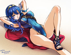 Rule 34 | 1girl, arms behind head, artist name, belt, blue eyes, blue footwear, blue hair, blue one-piece swimsuit, cape, closed mouth, dated, english text, fire emblem, long hair, looking at viewer, lucina (fire emblem), lying, mina cream, nintendo, on back, on ground, one-piece swimsuit, sand, sandals, solo, swimsuit, toenails, toes, two-tone cape, v-shaped eyebrows