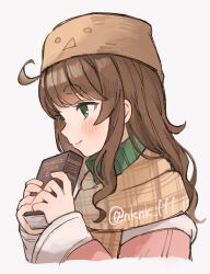 Rule 34 | 1boy, a.i. voice, ahoge, blush, book, brown hair, brown scarf, closed mouth, coat, commentary, copyright name, cropped torso, english text, from side, green sweater, hands up, hat, highres, hikimayu, holding, holding book, kurita maron, long hair, long sleeves, looking ahead, niconico, pink coat, plaid, plaid scarf, scarf, sidelocks, simple background, smile, sweater, tananuki, trap, turtleneck, turtleneck sweater, twitter username, two-handed, watermark, wavy hair, white background