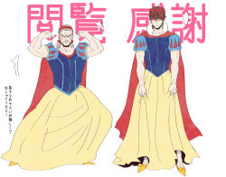 Rule 34 | 2boys, blush, bow, cape, cosplay, crossdressing, disney, dress, fate/zero, fate (series), father and son, flexing, hair bow, kotomine kirei, kotomine risei, male focus, multiple boys, muscular, natsu yasai, parody, puff and slash sleeves, puffy sleeves, shaded face, snow white, snow white (cosplay), snow white (disney), snow white and the seven dwarfs
