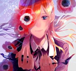 Rule 34 | 1girl, anemone (flower), bad id, bad pixiv id, black jacket, black ribbon, blue eyes, blurry, brown hair, check commentary, collared jacket, collared shirt, commentary request, crying, crying with eyes open, depth of field, fate/grand order, fate (series), floating hair, flower, hair over one eye, half-closed eyes, hands up, happy tears, jacket, light particles, light rays, long hair, long sleeves, looking at viewer, minami leo, neck ribbon, ophelia phamrsolone, parted bangs, ribbon, shirt, simple background, smile, solo, straight hair, teardrop, tearing up, tears, upper body
