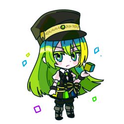 Rule 34 | 1girl, alina gray, black bow, black footwear, black hat, black vest, blunt ends, boots, bow, chain, chibi, closed mouth, collar, cube, detached collar, fold-over boots, full body, fur cuffs, green eyes, green hair, hair between eyes, hat, long hair, looking at viewer, magia record: mahou shoujo madoka magica gaiden, magical girl, mahou shoujo madoka magica, multicolored clothes, multicolored hair, multicolored skirt, peaked cap, pleated skirt, puffy short sleeves, puffy sleeves, rro del, see-through, see-through sleeves, short sleeves, sidelocks, simple background, skirt, solo, streaked hair, striped clothes, striped skirt, vertical-striped clothes, vertical-striped skirt, vest, waist bow, white background, white collar, white sleeves
