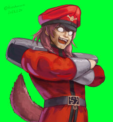 Rule 34 | 1girl, brown hair, commentary request, cosplay, crossed arms, dated, dog girl, dog tail, fangs, green background, haruyama kazunori, hat, highres, hololive, inugami korone, long sleeves, looking at viewer, m. bison, m bison (cosplay), military, military uniform, open mouth, peaked cap, red hat, short hair, simple background, solo, street fighter, tail, teeth, twitter username, uniform, virtual youtuber