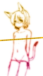 Rule 34 | 1girl, animal ears, arms behind back, blush, cat ears, cat tail, censored, censored nipples, flat chest, highres, majima yuki, monochrome, panties, short hair, side-tie panties, simple background, solo, tail, tape censor, topless, underwear, white background
