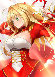 Rule 34 | 1girl, ahoge, arms behind head, blonde hair, blush, breasts, cleavage, closed mouth, dress, epaulettes, fate/extra, fate (series), green eyes, hair intakes, kagachi saku, large breasts, long hair, nero claudius (fate), nero claudius (fate) (all), nero claudius (fate/extra), petals, puffy sleeves, red dress, ribbon, solo