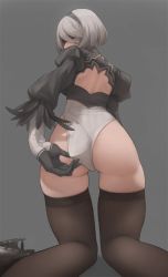 Rule 34 | 1girl, adjusting clothes, adjusting leotard, ass, black thighhighs, blindfold, boots, unworn boots, covered eyes, feather-trimmed sleeves, from behind, grey background, hairband, leotard, nier:automata, nier (series), rabbit (wlsdnjs950), short hair, silver hair, simple background, skindentation, solo, thighhighs, thighs, wedgie, 2b (nier:automata)