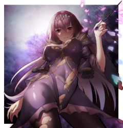 Rule 34 | 1girl, artist request, bodysuit, breasts, cherry blossoms, covered erect nipples, fate/grand order, fate (series), hair ornament, large breasts, long hair, looking at viewer, looking down, navel, purple hair, pussy, pussy peek, red eyes, scathach (fate), scathach skadi (fate), skindentation, smile, solo, torn clothes, wand