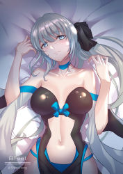 Rule 34 | 1girl, black bow, black dress, blue choker, blue eyes, bow, braid, breasts, center opening, choker, cleavage, collarbone, commentary request, dress, fate/grand order, fate (series), french braid, grey hair, hair bow, highres, large breasts, long hair, long sleeves, looking at viewer, lying, morgan le fay (fate), navel, off-shoulder dress, off shoulder, on back, pelvic curtain, ponytail, revision, shiro font, sidelocks, two-tone dress, very long hair, white dress, wide sleeves