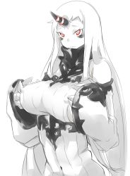 Rule 34 | 10s, 1girl, absurdres, abyssal ship, bags under eyes, bare shoulders, bebebe (pepegakii), blush, breasts squeezed together, breasts, colored skin, covered erect nipples, detached sleeves, dress, highres, horns, huge breasts, kantai collection, long hair, pale skin, red eyes, ribbed dress, seaport princess, grabbing own breast, short dress, single horn, solo, sweater, sweater dress, very long hair, white hair, white skin