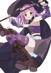 Rule 34 | 1girl, absurdres, arm warmers, belt, black cape, black hat, brown footwear, cape, criss-cross halter, crop top, cross-laced footwear, detached sleeves, fold-over boots, hair bobbles, hair ornament, halterneck, hat, highres, magia record: mahou shoujo madoka magica gaiden, magical girl, mahou shoujo madoka magica, mamadasky, medium hair, miniskirt, misono karin, parted bangs, parted hair, pink ribbon, pleated skirt, print skirt, purple hair, purple thighhighs, red eyes, ribbon, simple background, skirt, solo, star (symbol), star print, striped clothes, striped thighhighs, thighhighs, two side up, white skirt, witch hat