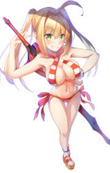 Rule 34 | 1girl, ahoge, anklet, bad id, bad pixiv id, bead bracelet, beads, bikini, blonde hair, blush, bracelet, breasts, earrings, fate/grand order, fate (series), from above, full body, green eyes, grin, hair intakes, halterneck, hand on own hip, highres, jewelry, large breasts, long hair, looking at viewer, meion, navel, nero claudius (fate), nero claudius (fate) (all), nero claudius (swimsuit caster) (fate), platform footwear, side-tie bikini bottom, slippers, smile, solo, striped bikini, striped clothes, swimsuit, sword, sword behind back, thigh grab, twintails, weapon, white background