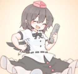 Rule 34 | 1girl, black bow, black bowtie, black hair, black skirt, bow, bowtie, closed eyes, commentary, frilled skirt, frills, hat, holding, holding newspaper, kimi (artist), newspaper, open mouth, pointy ears, red hat, shameimaru aya, shirt, short hair, short sleeves, simple background, skirt, solo, teeth, tokin hat, touhou, upper teeth only, white shirt