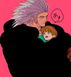 Rule 34 | 2boys, bara, black jacket, blonde hair, blush, closed mouth, couple, face to pecs, green eyes, hanba guyokota, hug, hunter x hunter, jacket, looking to the side, looking up, male focus, medium hair, multiple boys, muscular, muscular male, mutton chops, open mouth, pectoral cleavage, pectorals, pink background, shalnark, short hair, simple background, size difference, speech bubble, spiked hair, surprised, sweatdrop, translated, upper body, uvogin, wide-eyed, yaoi