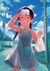 Rule 34 | 1girl, absurdres, arm up, bag, braid, can, child, cloud, cowboy shot, dress, closed eyes, fisheye, grin, handbag, highres, hill, holding, holding bag, holding can, house, inami hatoko, long hair, nata de coco, original, outdoors, plastic bag, power lines, road, rural, sky, smile, solo, street, sundress, twin braids, utility pole, wiping forehead