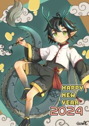Rule 34 | 1boy, 2024, absurdres, artist name, child, cloud, cloudy sky, commentary, dated, dragon, dragon boy, dragon tail, eastern dragon, english commentary, fantasy, flying, green eyes, green footwear, green hair, happy new year, hazukineko553, highres, japanese clothes, kemonomimi mode, looking at viewer, male focus, mountainous horizon, new year, original, pointy ears, shorts, sky, solo, tail, whorled clouds