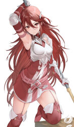 Rule 34 | 1girl, arm up, armor, armpits, boots, breastplate, breasts, commission, cordelia (fire emblem), elbow gloves, feathers, fire emblem, fire emblem awakening, garter straps, gauntlets, gloves, hair between eyes, haru (nakajou-28), highres, holding, holding polearm, holding weapon, long hair, looking at viewer, nintendo, pixiv commission, polearm, red eyes, red footwear, red gloves, red hair, shoulder armor, small breasts, smile, solo, thigh boots, very long hair, weapon, white background, wing hair ornament