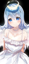 Rule 34 | 1girl, absurdres, angel, angel wings, arms behind back, bare shoulders, black background, blue eyes, blue hair, choker, collarbone, commentary request, dress, feathered wings, gochuumon wa usagi desu ka?, hair between eyes, hair ornament, halo, highres, kafuu chino, long hair, looking at viewer, seize, simple background, smile, solo, spread wings, sundress, upper body, white choker, white dress, white wings, wings, x hair ornament