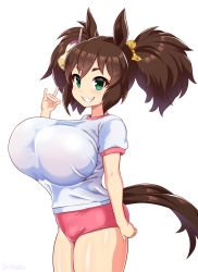 Rule 34 | 1girl, animal ears, breasts, brown hair, fox shadow puppet, green eyes, horse ears, horse girl, horse tail, huge breasts, inari one (umamusume), isemagu, oppai loli, simple background, smile, solo, tail, twintails, umamusume, white background