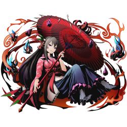 Rule 34 | 10s, 1girl, amaterasu (road to dragon), black hair, blue skirt, bow, divine gate, full body, hair ornament, high heels, holding, holding umbrella, japanese clothes, kimono, long hair, long skirt, looking at viewer, low-tied long hair, official art, oil-paper umbrella, purple eyes, red bow, road to dragons, shadow, skirt, smile, solo, transparent background, ucmm, umbrella, very long hair