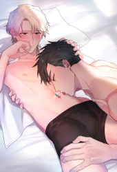 Rule 34 | 2boys, black boxer briefs, black hair, black male underwear, boxer briefs, bulge, glint, hand on another&#039;s head, hand on another&#039;s leg, highres, indoors, licking, male underwear, multiple boys, navel, navel piercing, official art, on bed, original, piercing, pillow, shiroiro (moo), tongue, tongue out, underwear, white hair, yaoi
