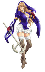 Rule 34 | 10s, 1girl, armlet, armor, armored boots, boots, breasts, brown hair, cleavage, full body, garter straps, gloves, green eyes, grey footwear, grey thighhighs, habit, high heel boots, high heels, holding, holding staff, juliet sleeves, large breasts, long hair, long sleeves, looking at viewer, armored boots, mole, mole under mouth, nun, official art, puffy sleeves, queen&#039;s blade, queen&#039;s blade rebellion, red gloves, sigui (queen&#039;s blade), simple background, skirt, smile, solo, staff, tachi-e, thigh boots, thighhighs, white background, white skirt, white thighhighs, wide sleeves