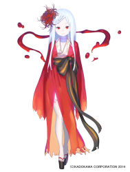Rule 34 | 1girl, blue hair, enkyo yuuichirou, flower, full body, hair flower, hair ornament, japanese clothes, kimono, long hair, nail polish, official art, pale skin, platform clogs, red eyes, sandals, simple background, solo, spider lily, stitches, very long hair, white background, youkai hyakki-tan!