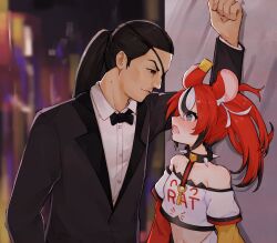 Rule 34 | 1boy, 1girl, against wall, animal ears, bare shoulders, black hair, blush, bow, bowtie, collar, commentary, crossover, english commentary, eyepatch, formal, hakos baelz, highres, hololive, hololive english, kabedon, looking at another, ma draws, majima goro, midriff, mouse ears, multicolored hair, ponytail, red hair, ryuu ga gotoku (series), spiked collar, spikes, streaked hair, suit, twintails, virtual youtuber