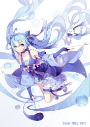 Rule 34 | 1girl, blue eyes, blue hair, rabbit, detached sleeves, dress, duoruimi fasuo, elbow gloves, fingerless gloves, floating hair, gloves, hatsune miku, long hair, looking at viewer, one eye closed, twintails, very long hair, vocaloid, wand, yuki miku, yukine (vocaloid)