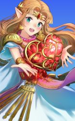 Rule 34 | 1girl, blonde hair, blue background, blue eyes, blunt bangs, bracelet, circlet, dress, earrings, heart, heart container, highres, ippers, jewelry, looking at viewer, nintendo, open mouth, pointy ears, princess zelda, simple background, solo, teeth, the legend of zelda, triforce, upper teeth only, white dress