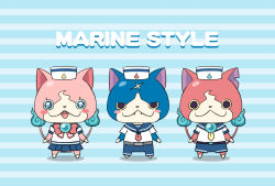 Rule 34 | 10s, blue skirt, blush, blush stickers, cat, chuno, english text, fangs, full body, fuyunyan, hat, jibanyan, looking at viewer, multiple tails, no humans, notched ear, open mouth, pleated skirt, sailor, sailor collar, sailor hat, sailornyan, scar, school uniform, serafuku, skirt, standing, striped, striped background, tail, two tails, traditional youkai, youkai watch