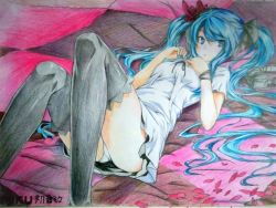 Rule 34 | 1girl, alternate costume, artist request, bed, black thighhighs, character name, colored pencil (medium), corrupted metadata, derivative work, dress, green eyes, green hair, hair ribbon, hatsune miku, headphones, long hair, looking at viewer, panties, pantyshot, petals, quilt, ribbon, rose petals, solo, thighhighs, traditional media, twintails, underwear, very long hair, vocaloid