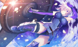 Rule 34 | 1girl, arm up, armor, armored dress, bare shoulders, black panties, black thighhighs, blush, boots, breasts, elbow gloves, fate/grand order, fate (series), glint, gloves, gluteal fold, hair over one eye, kouzuki tsubasa (musou kaidou), large breasts, light purple hair, looking at viewer, mash kyrielight, panties, parted lips, petals, purple eyes, purple gloves, shield, short hair, solo, thigh boots, thighhighs, underwear