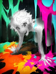 Rule 34 | 1boy, androgynous, black eyes, colored skin, highres, leeee ro, looking at viewer, lord of heroes, multicolored background, nine (lord of heroes), paint, paint splatter, pointy ears, pouring, trap, white hair, white skin